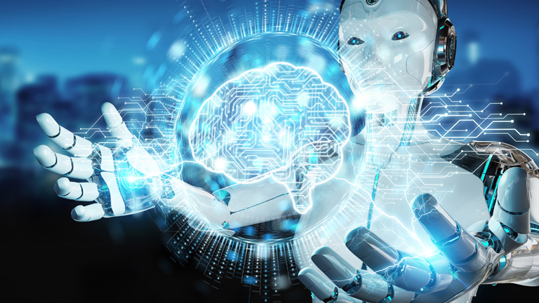 Robot holding holographic image of a brain