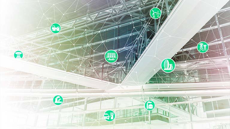 IoT concept icons over building