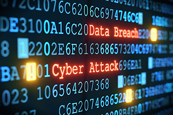 raw data code with "data breach" and "cyber attach" warnings in orange