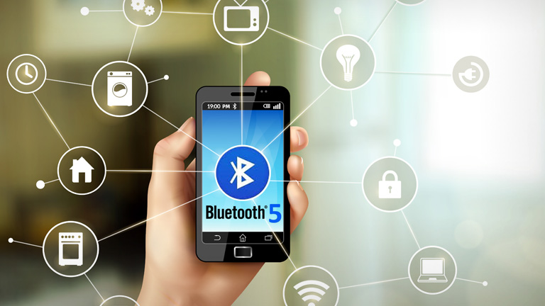 smart phone with bluetooth logo on the screen and IoT icons overlay