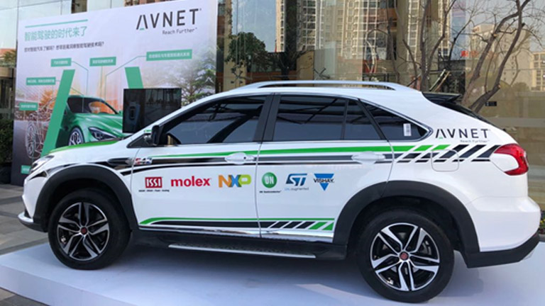 Smart car branded with Avnet and supplier logos