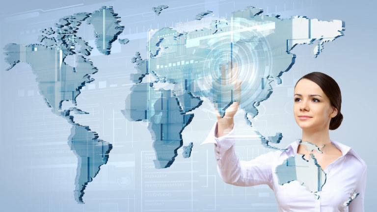 Woman clicking on a map on a large touch screen