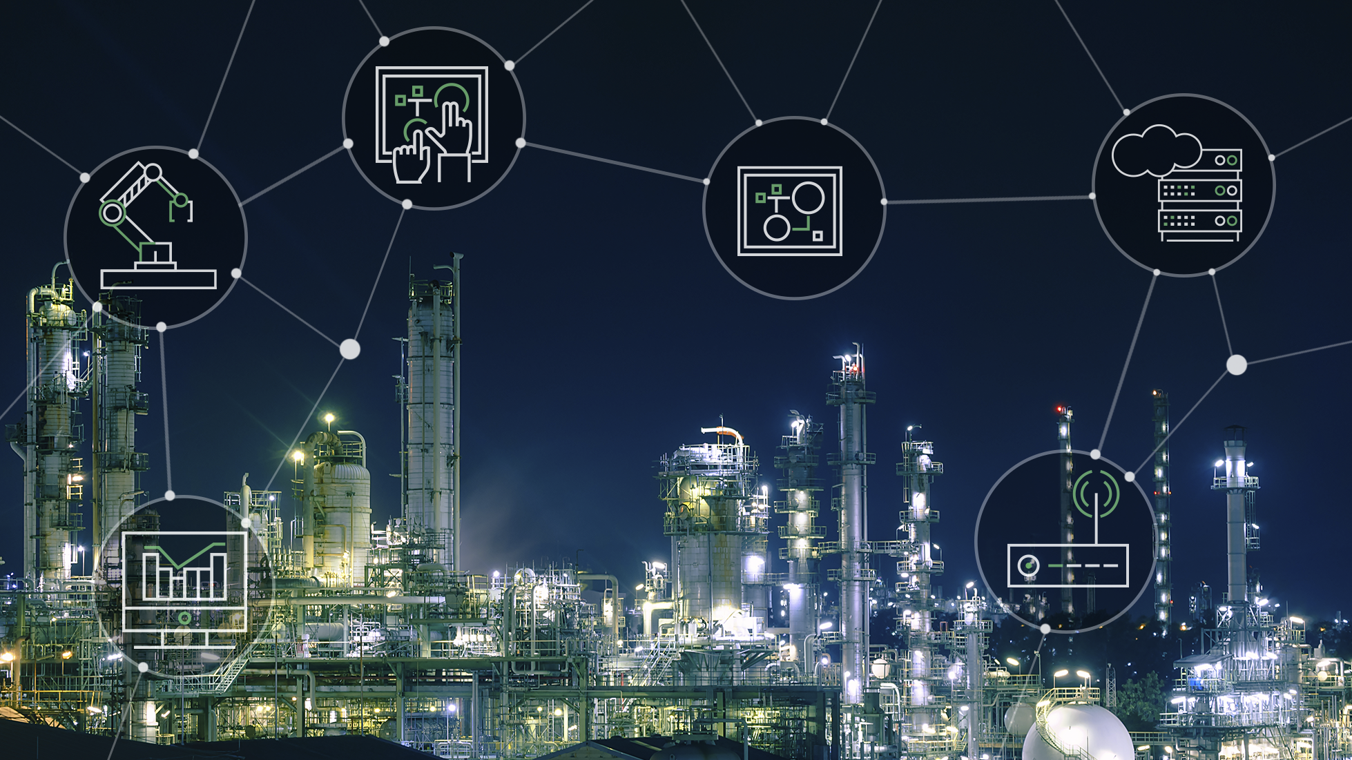 industrial cellular icons over a night time city scape