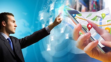 man pointing to bing map on smart phone