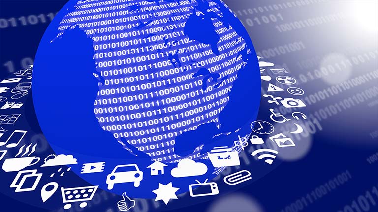 conceptual graphic of IoT icons around a blue globe