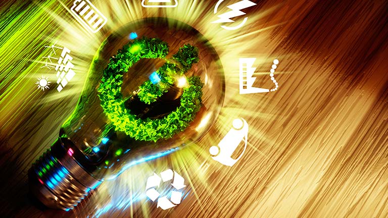 conceptual image of energy bulb with energy icons 