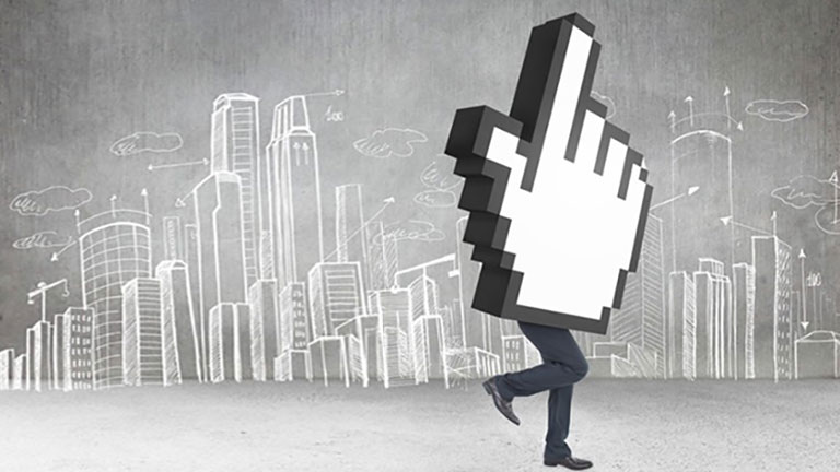 conceptual image of hand with legs and city background