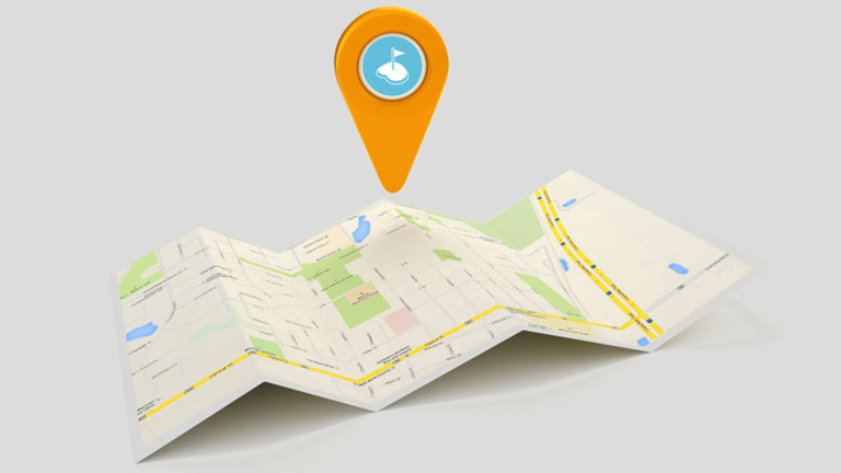 yellow map with orange navigation icon