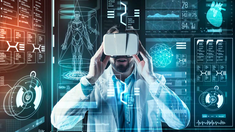 man wearing virtual reality headset with graphic overlays