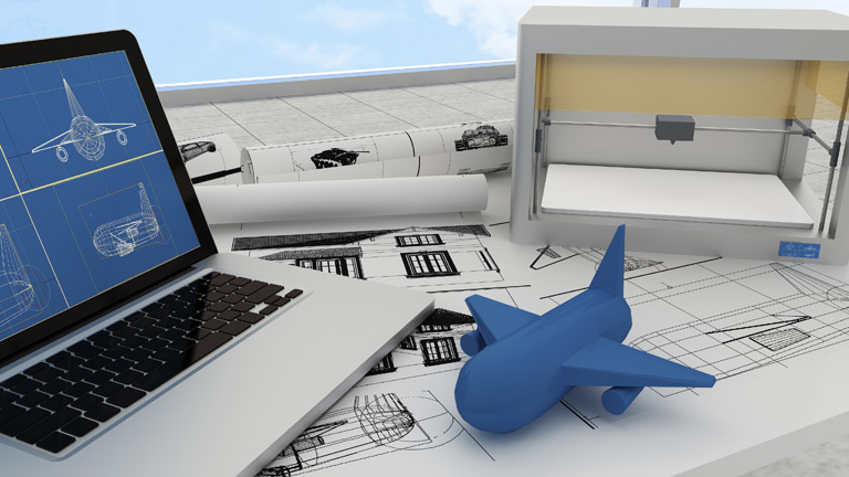 laptop and 3D printer with blue 3D printed airplane model