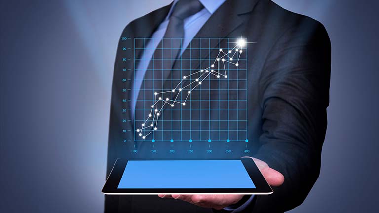 man holding tablet with chart image