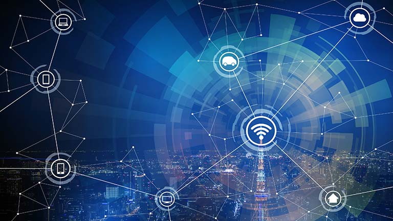 network icons over an abstract color background