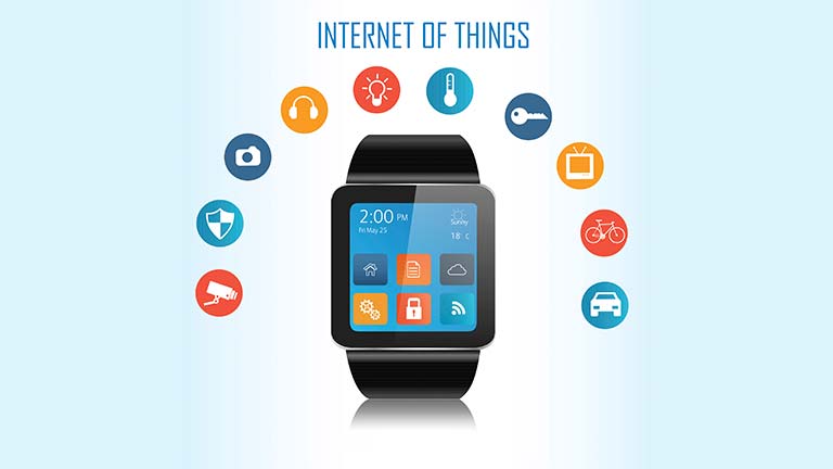 smart watch with IoT icons around it