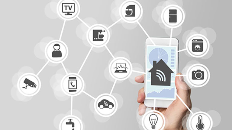 smart phone with IoT icon overlay