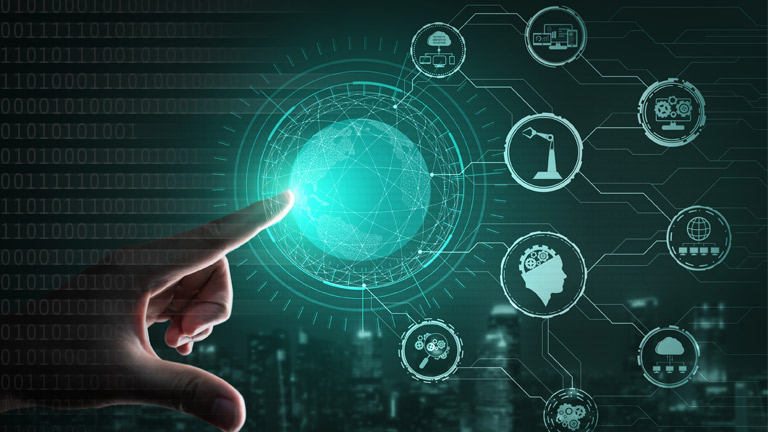 A group of colleagues working in a computer security room having a discussion