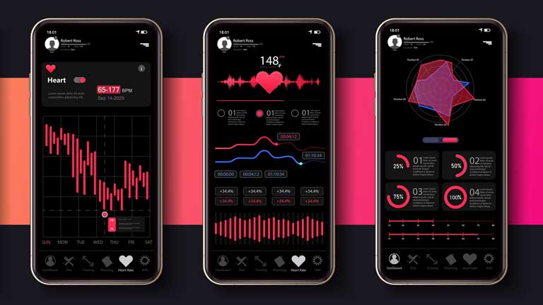 Three cell phones showing different biometric information