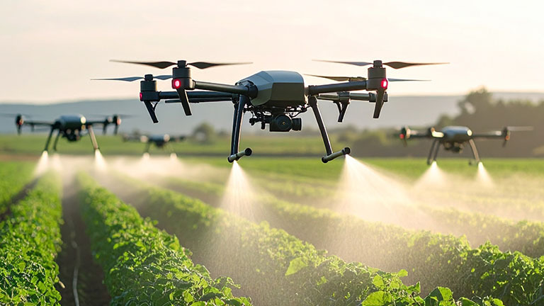 airborne drones spraying field