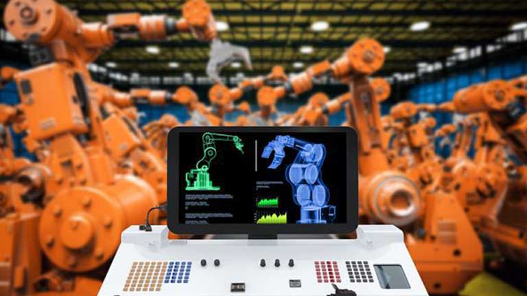 Person controlling a robotic arm with a tablet