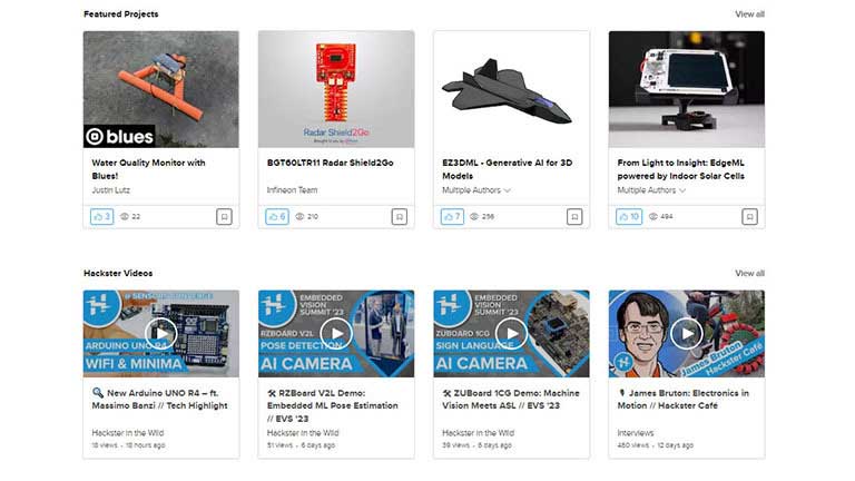 thumbnails of hackster projects and videos