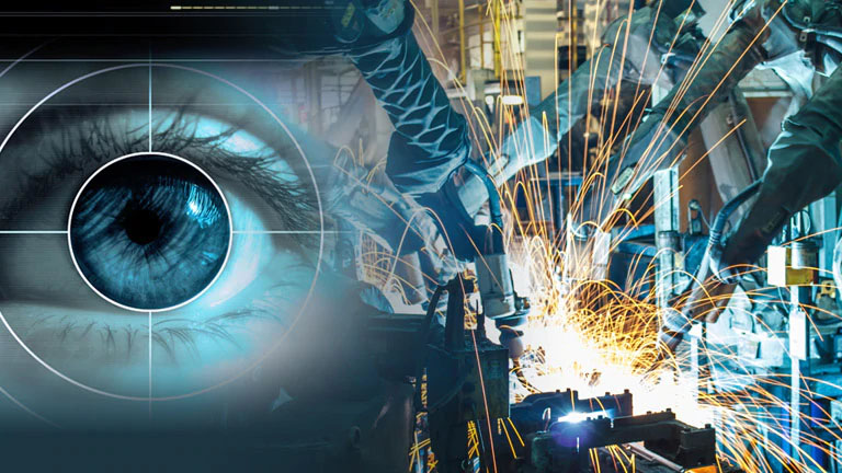 目の写真と産業用ロボットの写真