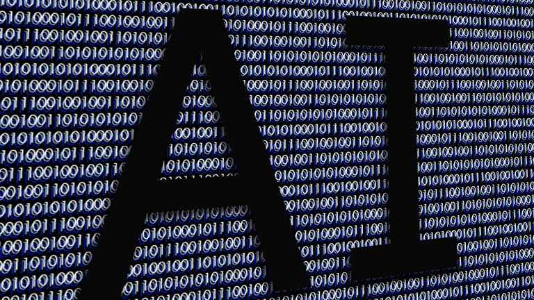 field of zeros and ones with shadow of letters AI in center