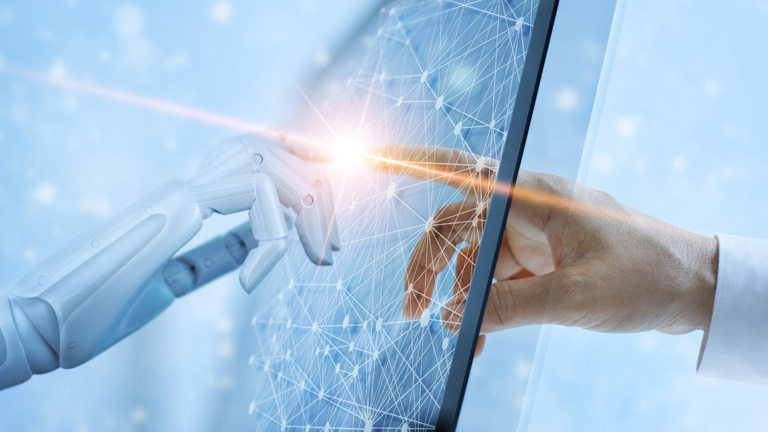 robot hand and human hand touching digital screen from oposite sides