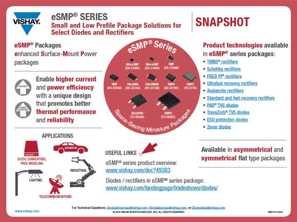 Infographic of Vishay's eSMP® Series and their applications/capabilities Infographic of Vishay's eSMP® Series and their applications/capabilities