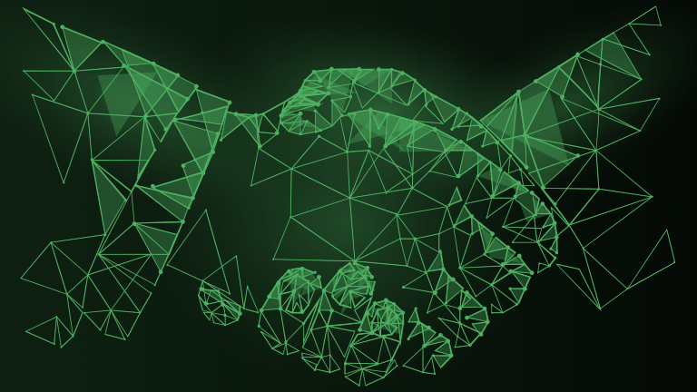 illustration of two people shaking hands with overlay of data points