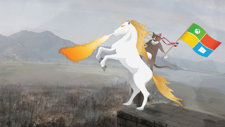 2D image of a brown cat holding a Microsoft flag and riding a flame breathing white horse