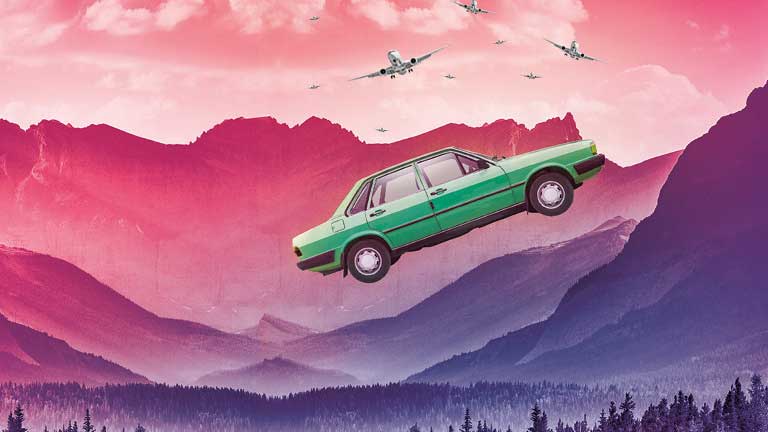 Graphic of a green car flying in the air