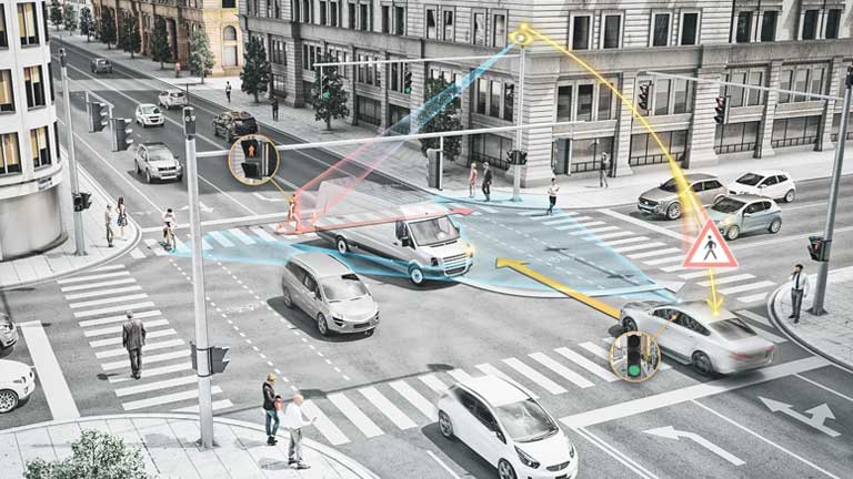 futuristic city traffic with saftey sensor icons