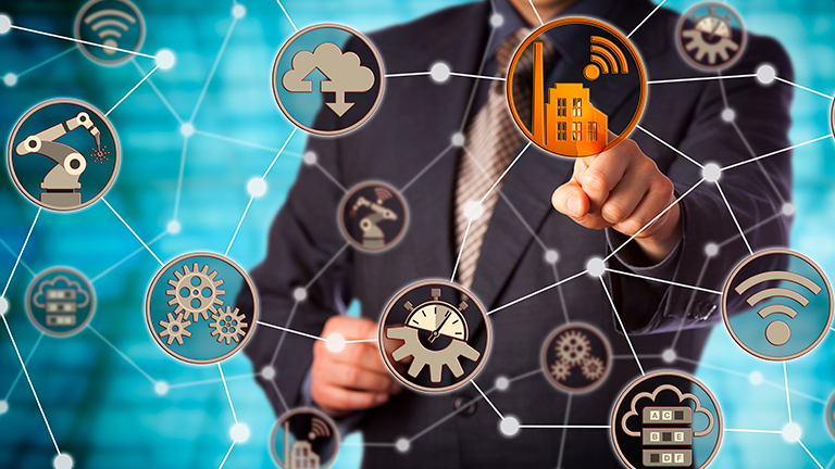 conceptual -- man with IoT connection icons